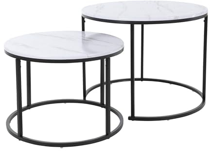 Well Home Juego de 2 mesas auxliares Ø50Ø60cm de Metal y Tablero MDF con Elegante Acabado en mármol - Blanco