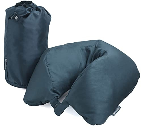 Travel Blue Neck Pillow – Luxurious Travel Pillow with 100% Duck and Goose Down Filling and Cotton Satin Cover – Ergonomic Neck Support for Plane, Car, Train, and Office – Includes Travel Bag
