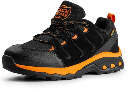 Jack Walker Mens Walking Ultra Lightweight Vent Low Rise Hiking Trekking Waterproof Trainers Glide JW007 (9 UK, Black & Orange)