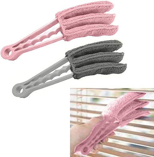 2 x Wet Dry Venetian Window Blind Cleaner Microfiber Brush 3 Pronged Washable Duster (Grey and Pink)