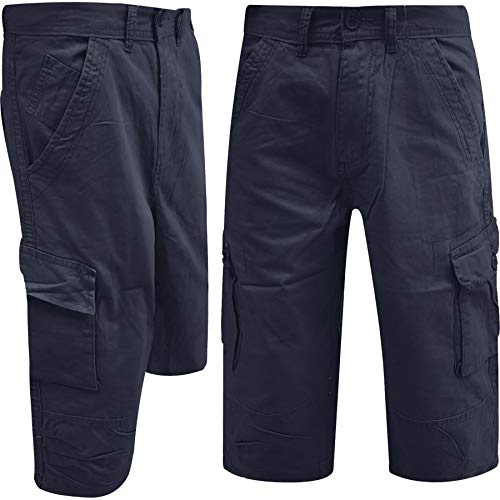WJL WHISPERING JONES LONDON Mens Cargo Shorts Combat Work Casual Chino Long 3/4 Below Knee Length Summer Pants, Navy, 36