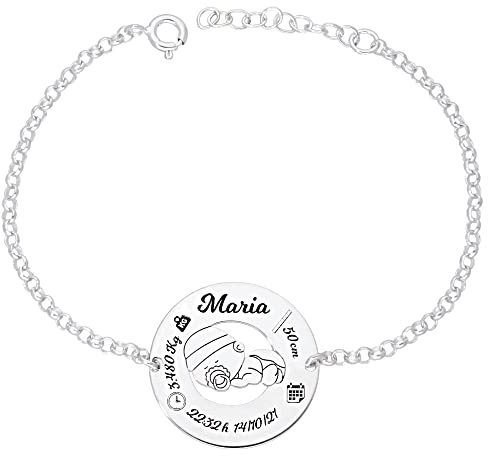 doble aro - Pulsera de Nacimiento en Plata de Ley - Graba los datos de Nacimiento de tu Bebé - Ideal para la mejor mamá (Modelo Baby, Plata de Ley)