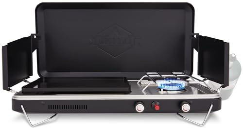 Hike Crew 2-in-1 Gas Camping Stove and Griddle, Portable Propane Burner w/Integrated Igniter & Stainless Drip Tray | Built-in Carrying Handle, Foldable Legs & Wind Panels | Includes Regulator