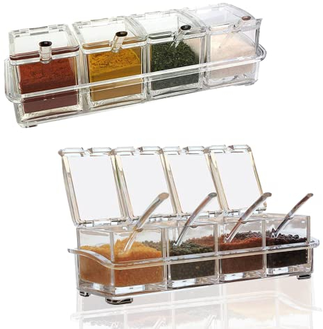 JSUOEO Clear Seasoning Box, Condiment Storage Container Acrylic Seasoning Box Container Condiment Jars with Cover and Spoon for Store Spices Salt Sugar and Condiments 1PCS