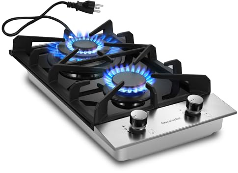 Eascookchef 2 Burner Gas Cooktop, 12 inch LPG/NG Dual Fuel Built-in Gas Stove Top, Black Tempered Glass Stove, Propane Cooktop for Apartment, Outdoor, RV, With Thermocouple Protection
