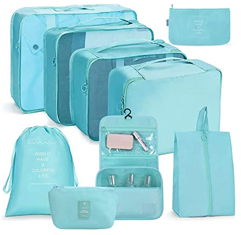 OSDUE Packing Cubes for Suitcases, 9PCS Travel Luggage Packing Organizers Waterproof Travel Essentials Bag Accessories Clothes Shoes Cosmetics Toiletries Storage Bags(B-Bright Blue)