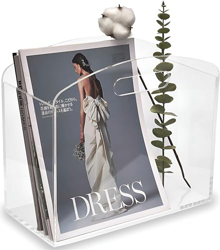 MeicloudMagazine Rack - Clear Acrylic Newspaper Stand Organizer with Handles, Modern Lucite Magazine and Book Basket Box for Bathroom, Bedroom, Living Room and Office