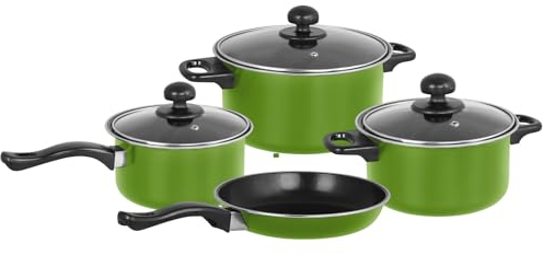 Gr8 Home 7 Piece Non Stick Kitchen Cookware Set Cooking Pot Frying Pan Saucepan with Glass Lids (Green)