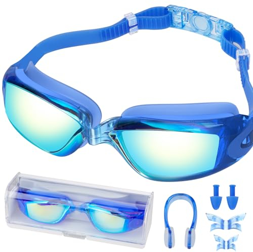KHOLEZ Schwimmbrille, Unisex Swimming Goggles mit Nasenklammern Ohrstöpsel, Anti-Beschlag Anti-UV kein Auslaufen klare Sicht Taucherbrille für Herren Männer Frauen Erwachsene Jugendliche Kinder -Blau