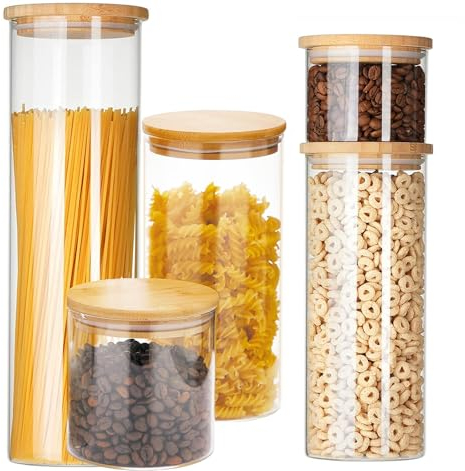 LATRAT Juego de tarros de almacenamiento herméticos, para cereales, espaguetis, frijoles, harina, transparentes, 2100 ml+750 ml+600 ml+300 ml+250 ml