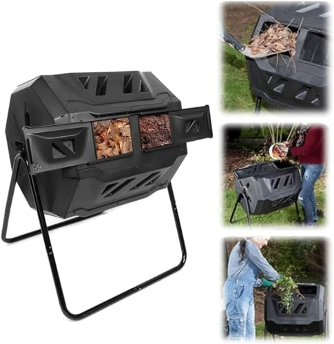Compostiera da giardino da 160 l, con doppie camere girevoli a 360°, porte scorrevoli e guanti, senza BPA, crea terreno fertile, bidone per l'aerazione del compost, nero