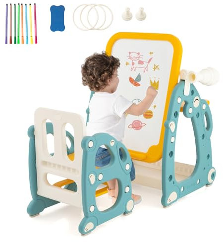 GYMAX Tavolozza Artistica 4 in 1 per Bambini con Sedia, Set Tavolo e Sedia per Disegno per Bambini con Lavagna Magnetica Regolabile, Lavagna Cancellabile e Pennarelli, per Bambini da 1 a 8 Anni
