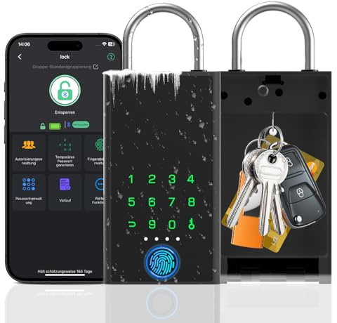 Eseesmart Fingerabdruck Schlüsseltresor mit Zahlencode, Bluetooth Elektronisch Schlüsseltresor mit Bügel Wetterfest, Großer Kapazität Wandmontierte Schlüsselbox Keyless Go Schutz Für Außen Haus Garage