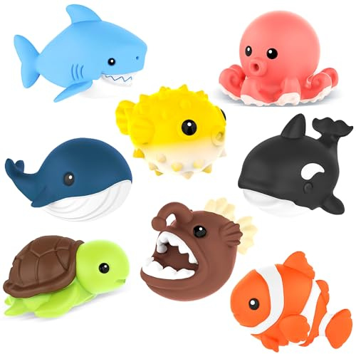 Zippytots 8 PCS Ocean Animal Bath Toys Mold Free Infant Bath Tub Toys for 12 Months - No Hole Bathtub Toys for Toddlers 1-3 Water Pool Toys for Baby Toddler Ages 1+