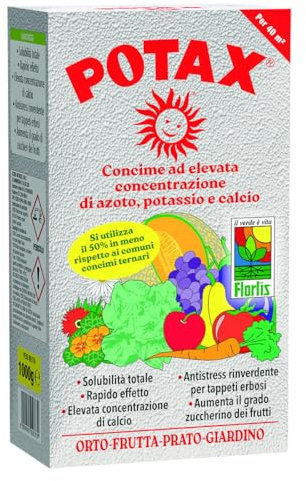 Flortis concime universale 1kg Potax con elevata concentrazione di calcio, azoto e potassio, concime minerale granulare rinverdente per orto, prato, giardino, piante da frutta