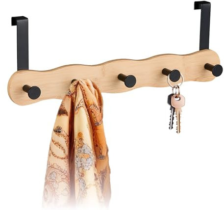 Relaxdays Türgarderobe, 5 Haken, Hakenleiste zum Einhängen, für 2 cm Tür, Bambus & Metall, Kleiderhaken, natur/schwarz