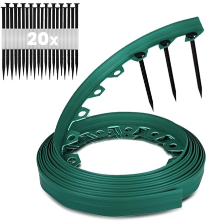 GARDENIX Borde Flexible de plástico para césped, Resistente a la Intemperie, Borde Redondo para parterres, Verde, 10 m, 20 Anclajes de Tierra, 8 cm de Altura