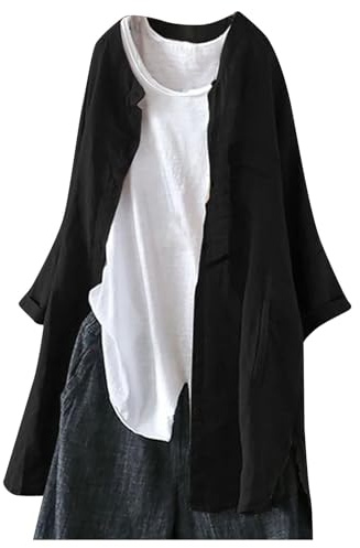 Cardigan d'été long en lin pour femme - Chemisier d'été surdimensionné - Haut à manches longues - T-shirt d'été décontracté - Léger - Élégant - Tunique unie - Avec poches, Noir , XXXXXL