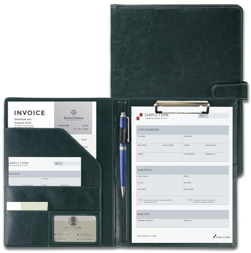 Carpeta de escritura A4, de piel sintética con tapa, portapapeles A4, libro de trabajo con compartimentos para documentos, portalápices y cierre magnético para oficina y conferencias (verde oscuro)