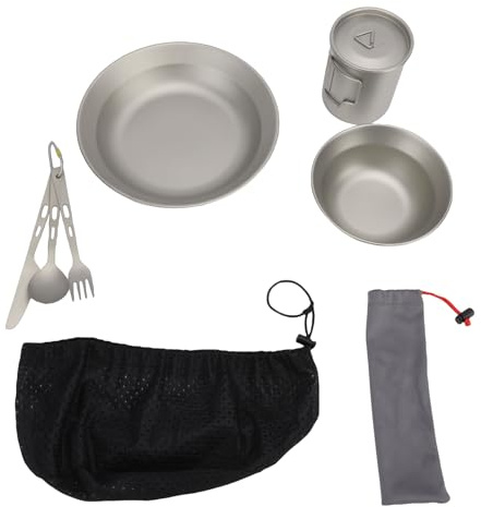 Keenso Campingbestick, 10st Campingbestick Set Ti Tallrik Skål Kopp Gaffelsked med Nätpåse och Redskapspåse för Resor Picknick Vandring Backpacking