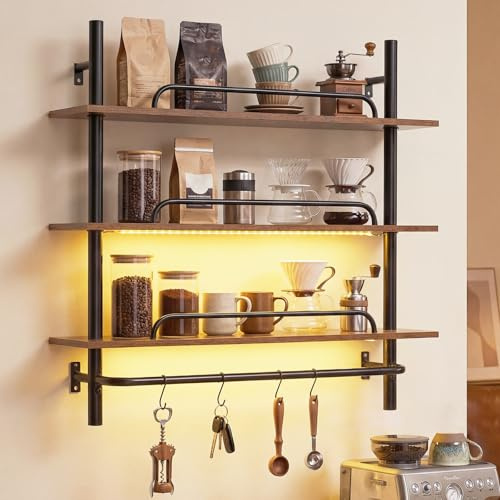 COSTWAY 3-Tier Floating Shelves for Wall, Industrial Pipe Shelving with LED Light, 4 S-Shaped Hooks, Wall Mounted Spice Rack Hanging Display Rack for Kitchen Living Room (with Remote & APP Control)