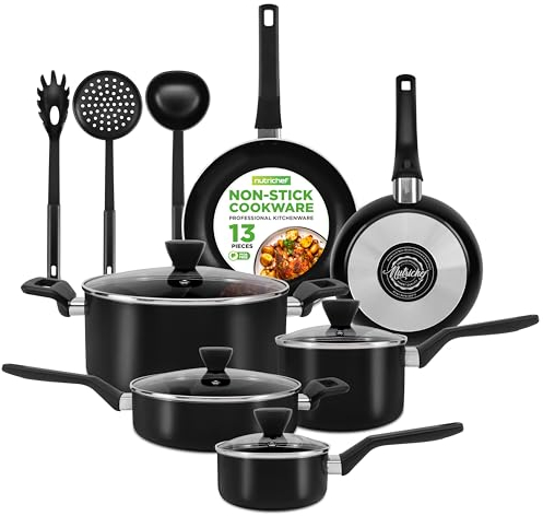 NutriChef Topf und Pfannenset, 13 Teilig- Kochgeschirr Set, Cookware Set- mit durchsichtigen Deckeln, 2x Kochtopf, Bräter, Sauteuse, 2x Bratpfanne, Pastalöffel, Suppenkelle & Pfannenwender