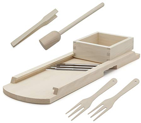 Holzfee Krauthobel Set Holz Gemüsehobel Gurkenhobel 56 x 19 cm Buchenholz + Krautstampfer + Gurkenzange + 2 Krautgabeln