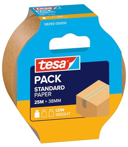 tesapack STANDARD PAPER - Packtejp av papper - 56% förnybara material - Kan rivas av för hand - Packtejp för lätta paket - Brun - 25 m x 38 mm
