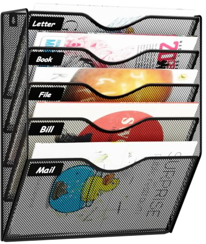 GDINDINFAN 5 Pockets Mesh Hanging Wall File Holder Organizer Wall Mounted Paper Magazine Rack, Black