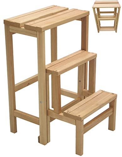 Sgabello scala in legno di faggio naturale richiudibile salvaspazio - scaletta 3 gradini a ribalta