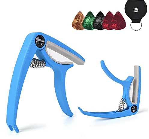 Keptfeet Universelles ABS-Gitarren-Kapodaster für 6-saitige Akustik- und E-Gitarren (mit 1 Plektrenhalter aus Leder und 5 Plektren) | Einhand-Kapodaster | Zubehör für Saiteninstrumente, Bass, Ukulele