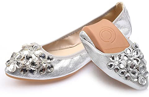 Zapatos Planos de Ballet para Mujer, Plegables, Informales, Brillantes, con Diamantes de imitación, Zapatos de Bailarina cómodos para Caminar, A1 Plata, 38 EU