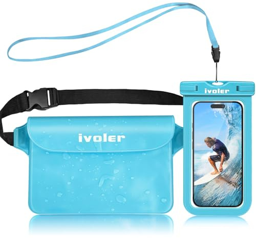 iVoler Kit Impermeabile con Borsa Marsupio e Custodia Smartphone IPX8 per Sport Acquatici Pesca Vela Sci Mare Escursione, Protezione per Cellulare Portafoglio Documenti - Blu Menta
