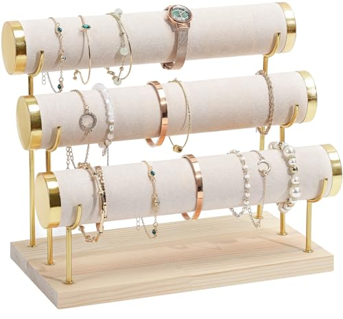 ProCase Detachable Bracelet Holder Stand, Gold Bracelet Organiser for Selling, Velvet Wrap Bracelet Display Rack with Wooden Base for Bangles Scrunchies Watches - 3 Tier, Beige