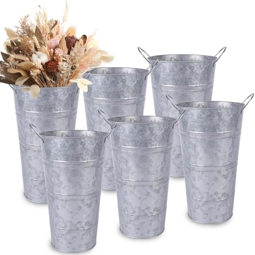 12 Inch Galvanized Metal Vase, 6 Pack Tall Flower Buckets with Handles