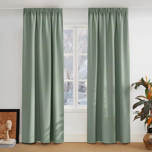 PONY DANCE Cold Protection Thermal Curtains for Bedroom, 2 Pieces H 200 x W 140 cm Opaque with Wrinkle Tape Sage Green