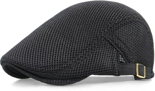 Xinveen Men's Mesh Cap Breathable Summer Newsboy Hat Adjustable Beret Ivy Cap Irish Cabbie Driving Hunting Hats Black