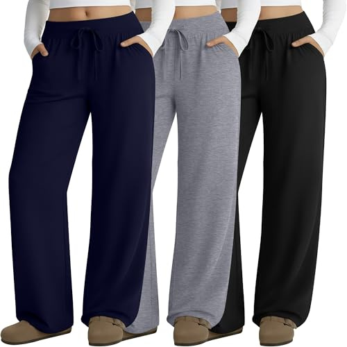 Neer Set da 3 Pantaloni da Lounge Grande Taglia per Donna Pantaloni da Yoga a Gamba Larga Ampi Jogger Casual(Grigio Chiaro, Blu Navy, Nero,3XL)