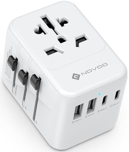 NOVOO Reiseadapter Weltweit 5 Ports Steckdosenadapter 21W mit 2 USB,2 USB C und 1AC Steckdose Internationaler Reisestecker Universaladapter Travel Adapter für Deutschland USA EU England Thailand usw