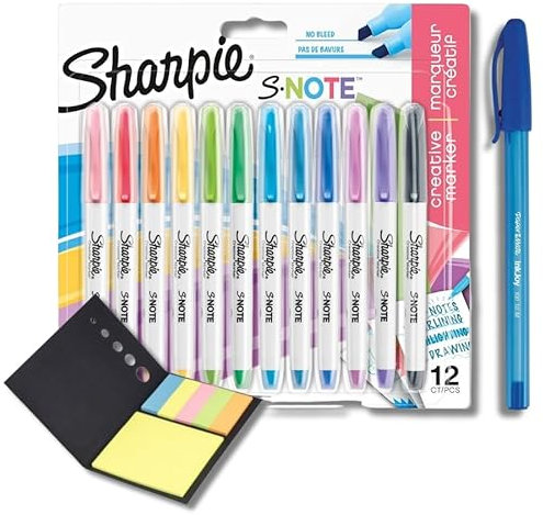 Sharpie S-Note Highlighter Pens | Pastel Colours | Chisel Tip | 12 Count + PaperMate Pen Gift and Sticky Notes