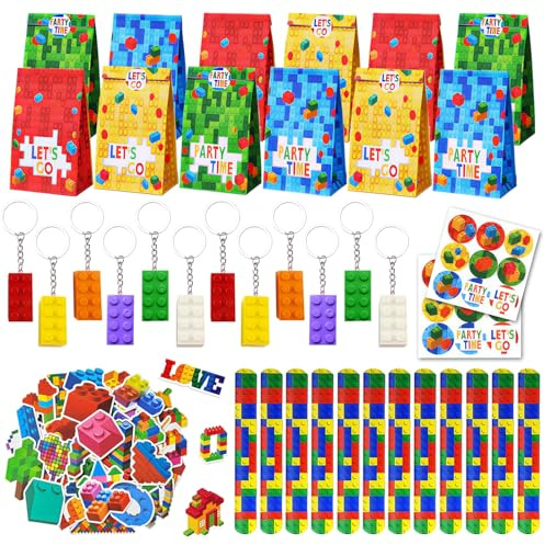 Eymobad Regalos Cumpleaños Bloques De Construcción Set 86 Pcs,bloques de construcción para cumpleaños decoración de fiestas, 12 Bolsas Regalo,12 Llaveros,12 Pulsera Bofetada,50 Pegatinas