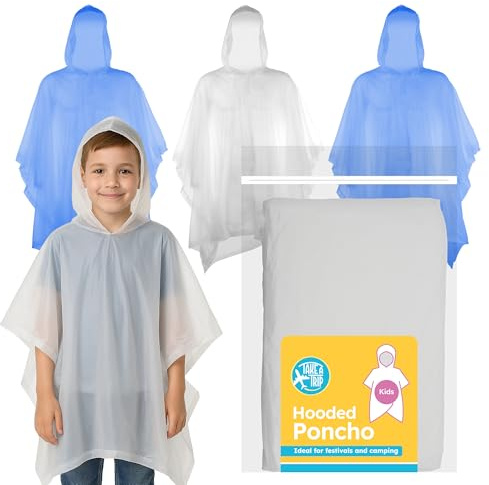 SOL 4pk Kids Hooded Poncho, Clear or Blue Assorted, Waterproof Rain Coats for Children, Emergency Disposable Outdoor Camping Gear, Hiking Festival Raincoats, Handy Protection from Sudden Showers