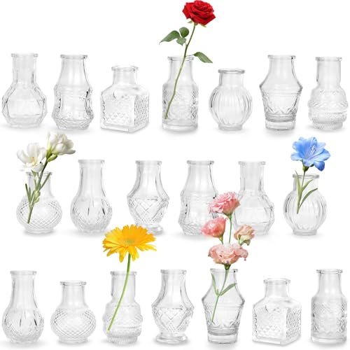 20 pièces Petits Vases, Mini Vases en Verre Vintage pour Décorations de Table Moderne La Maison Les Mariages Les Anniversaires Les Fêtes