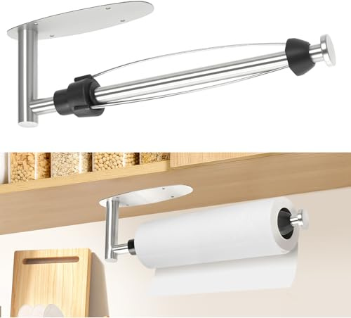 Romon Porta Rotolo da Cucina con Adesivo, Porta Rotoli da Cucina con Effetto Smorzante, Porta Scottex Cucina per Bagno e da Cucina, Montaggio a Parete Autoadesivo o Foratura, Argento