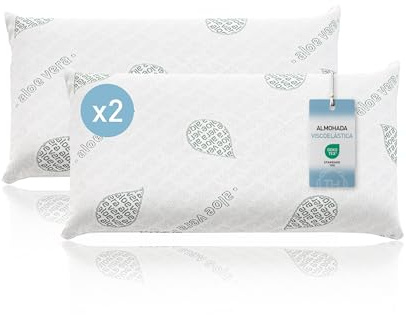 Textilhome Pack 2 Unidades Almohada Viscoelástica 60 cm, Núcleo de Visco Puro 100%, Funda con Cremallera Lavable, Tejido Ecológico Aloe Vera Stretch Transpirable, Hipoalergénico y Ergonómica.
