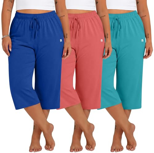 Neer Confezione da 3 Pantaloni Capri da Donna Taglie Forti, Gamba Larga, Modello Casual con Coulisse e Tasche(4XL,Blu Indaco, Rosso Anguria, Verde Lago)