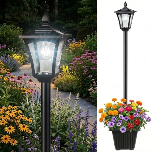 Benany 76 Solar Lamp Post Lights with Planter, Glass & Metal Street Light Outdoor Waterproof, 60 Lumens Dusk to Dawn Solar Pole Light for Garden, Yard, Driveway, Porch, Patio, Cool White