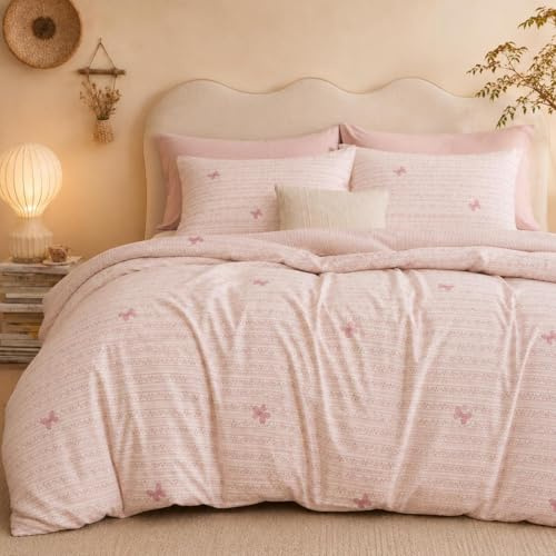 Lanqinglv - Juego de cama de microfibra (135 x 200 cm), con flores rosas y lazos para niñas