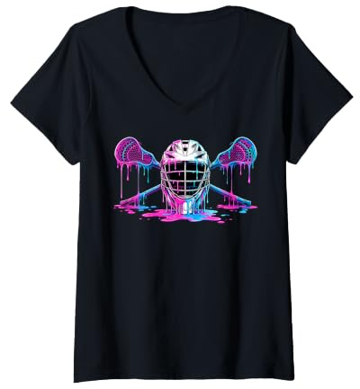 Women's Vibrant Colorful Dripping Helmet Lacrosse V-Neck T-Shirt