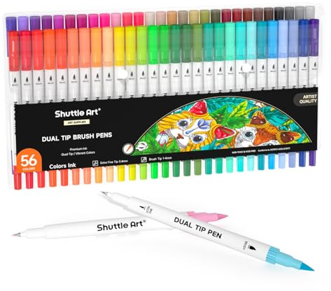 Shuttle Art Dual Tip Brush Pens, 56 Colours Brush Tip Drawing Markers with 0.4mm Fineliner Markers Pens Set for Adult Colouring Books Art Supplies